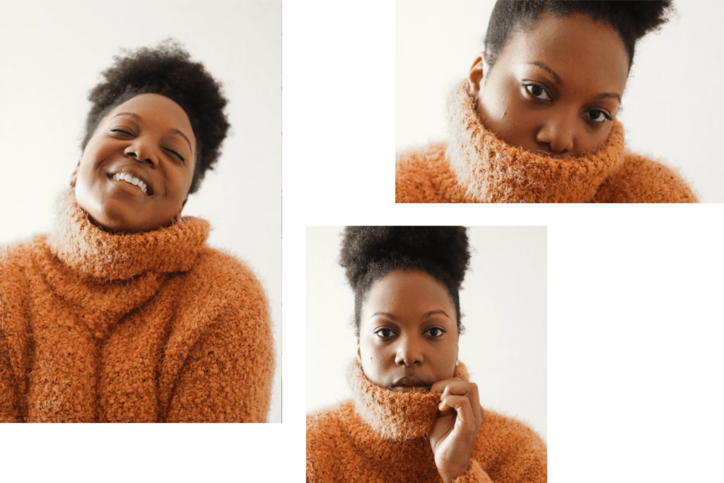 Das Bild zeigt drei Snapshots einer schwarzen Frau in einem orangenem Rollkragenpullover, auf denen sie jeweils ein unterschiedliches Gesicht macht - Freude, Unsicherheit, Zweifel beim beruflichen Neuanfang.